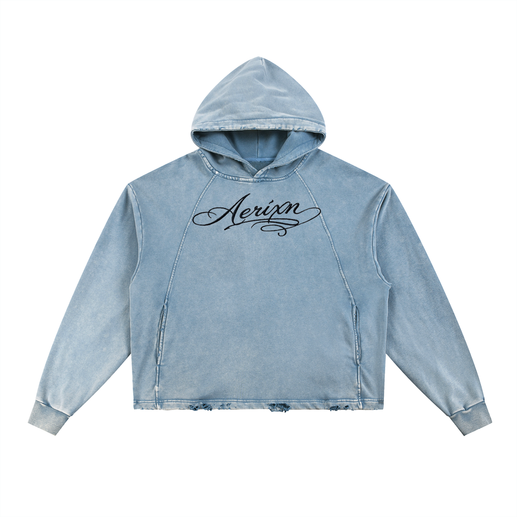 AERIXN Frayed-Hem Vintage Hoodie — Signature Detail