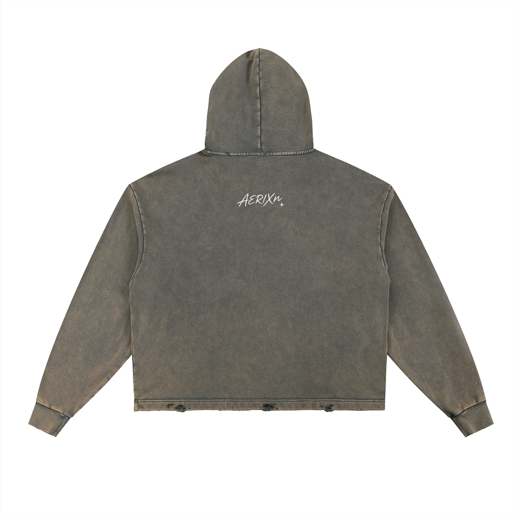 AERIXN Frayed-Hem Vintage Hoodie — Signature Detail