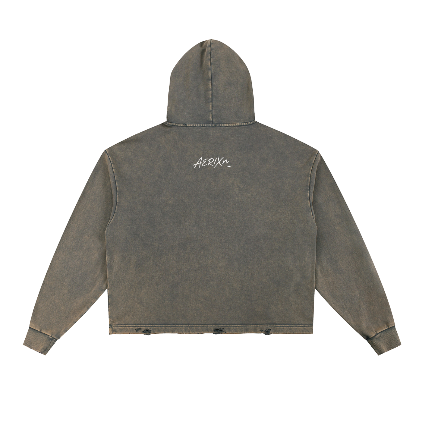 AERIXN Frayed-Hem Vintage Hoodie — Signature Detail
