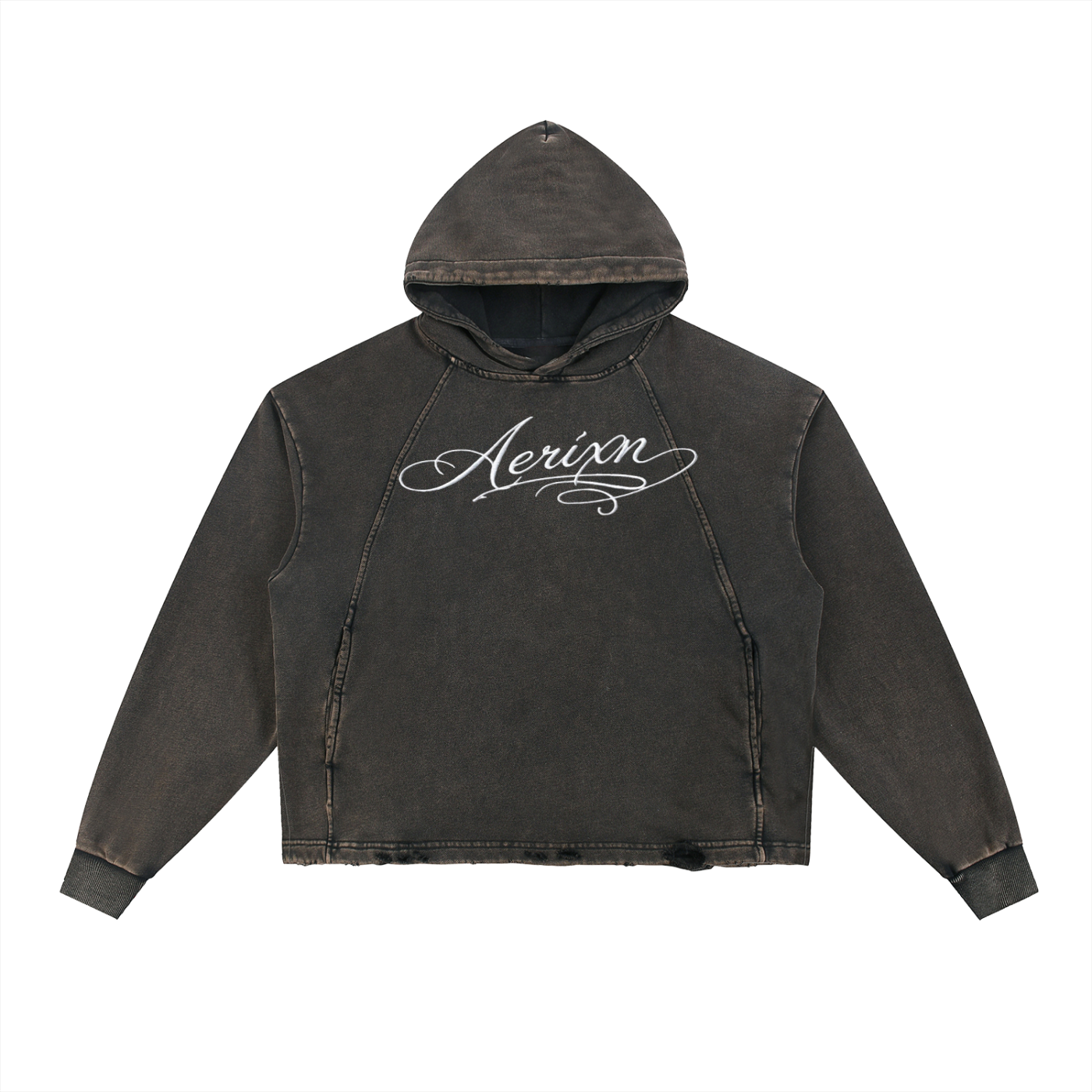 AERIXN Frayed-Hem Vintage Hoodie — Signature Detail