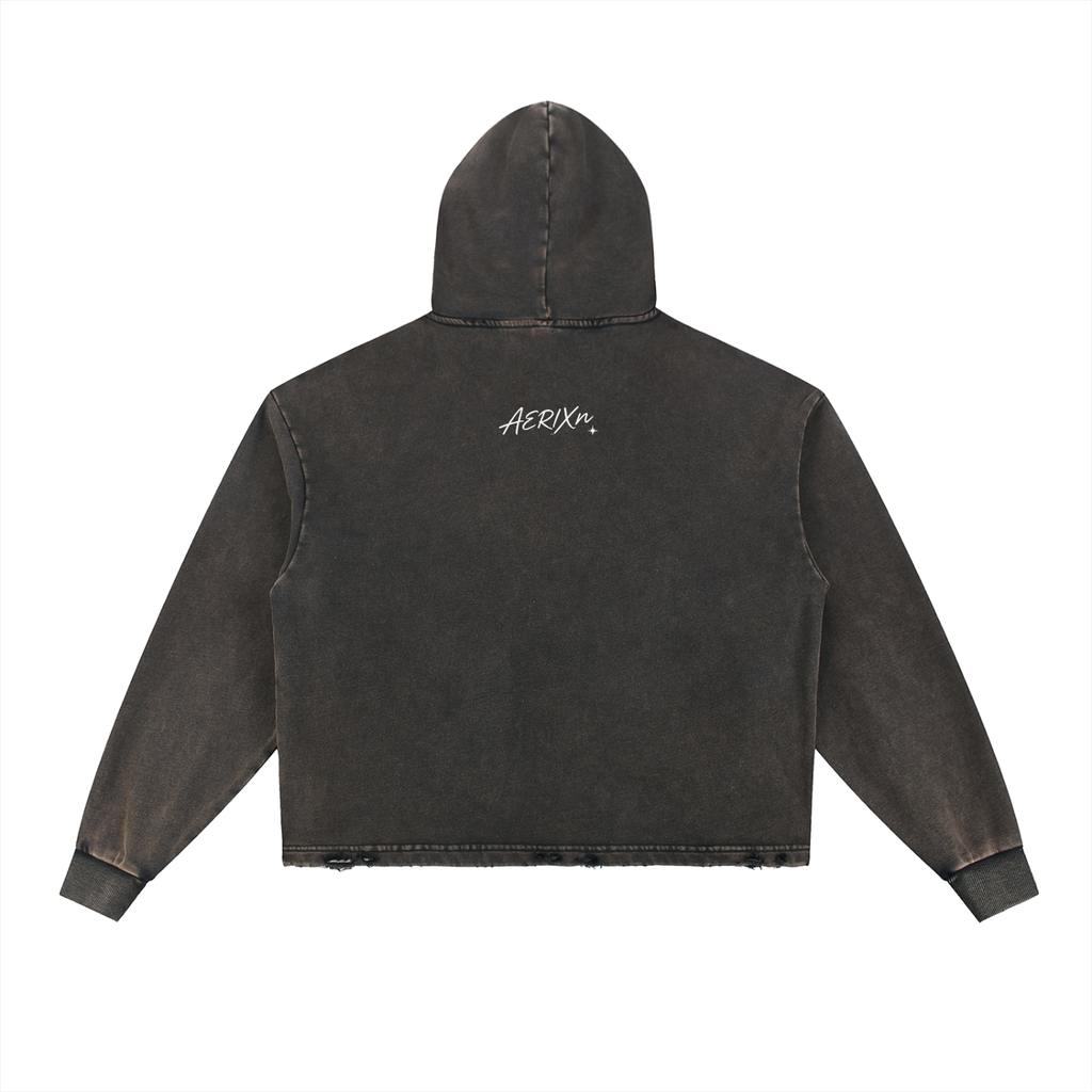AERIXN Frayed-Hem Vintage Hoodie — Signature Detail