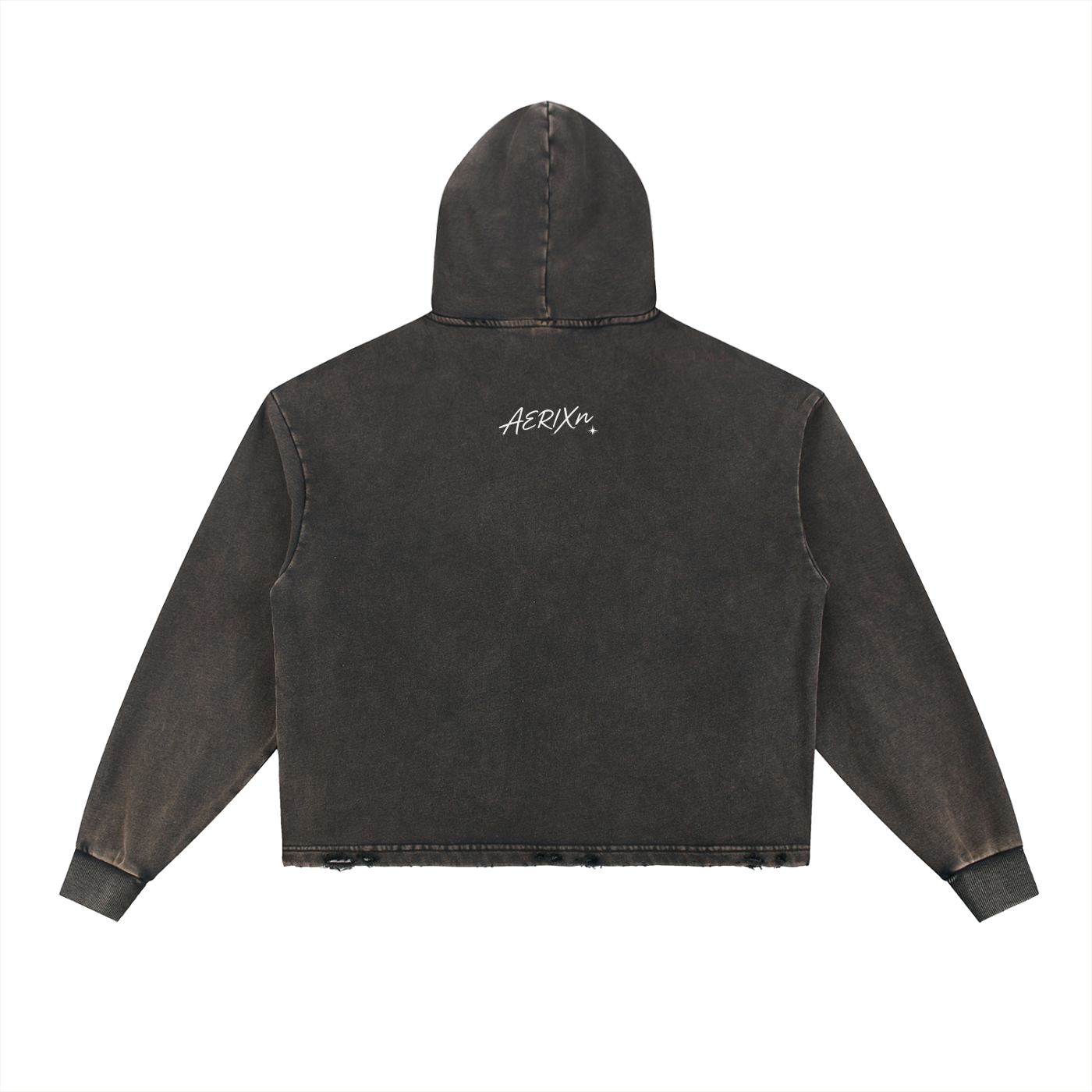 AERIXN Frayed-Hem Vintage Hoodie — Signature Detail