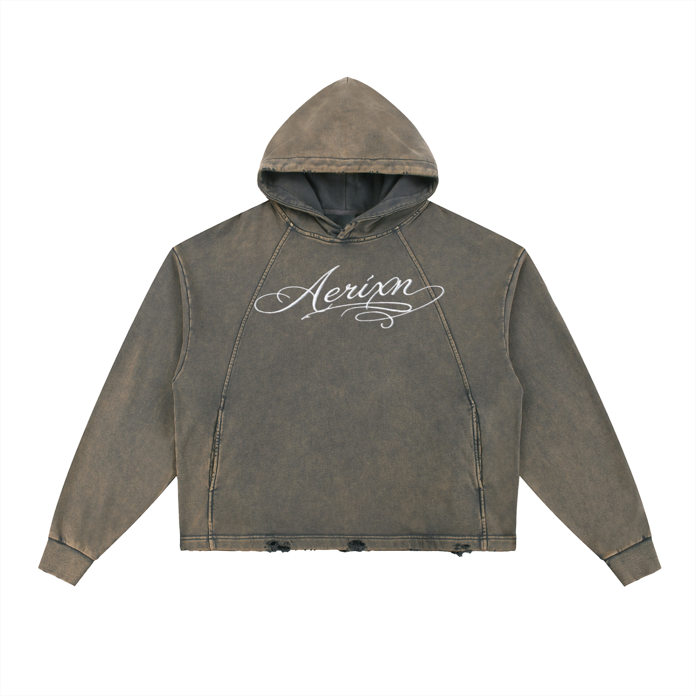 AERIXN Frayed-Hem Vintage Hoodie — Signature Detail
