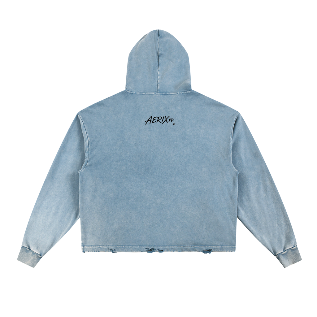 AERIXN Frayed-Hem Vintage Hoodie — Signature Detail