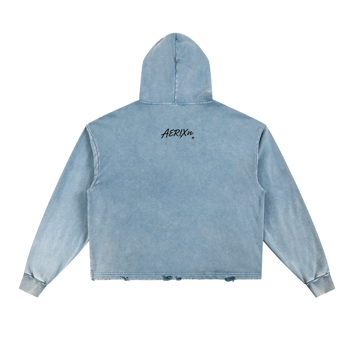 AERIXN Frayed-Hem Vintage Hoodie — Signature Detail